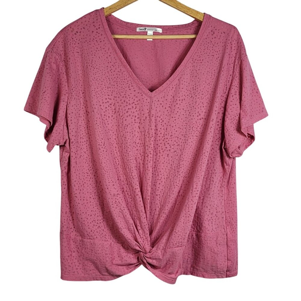 Seven 7 Pullover Semi Sheer Top Pink XXL Dots Short Sleeve V Neck Twist Front Lo
